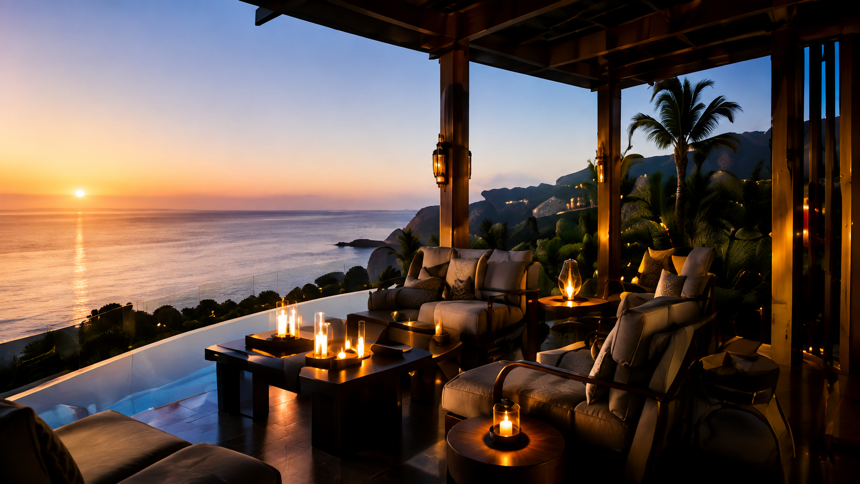 Luxury oceanfront resort terrace at sunset