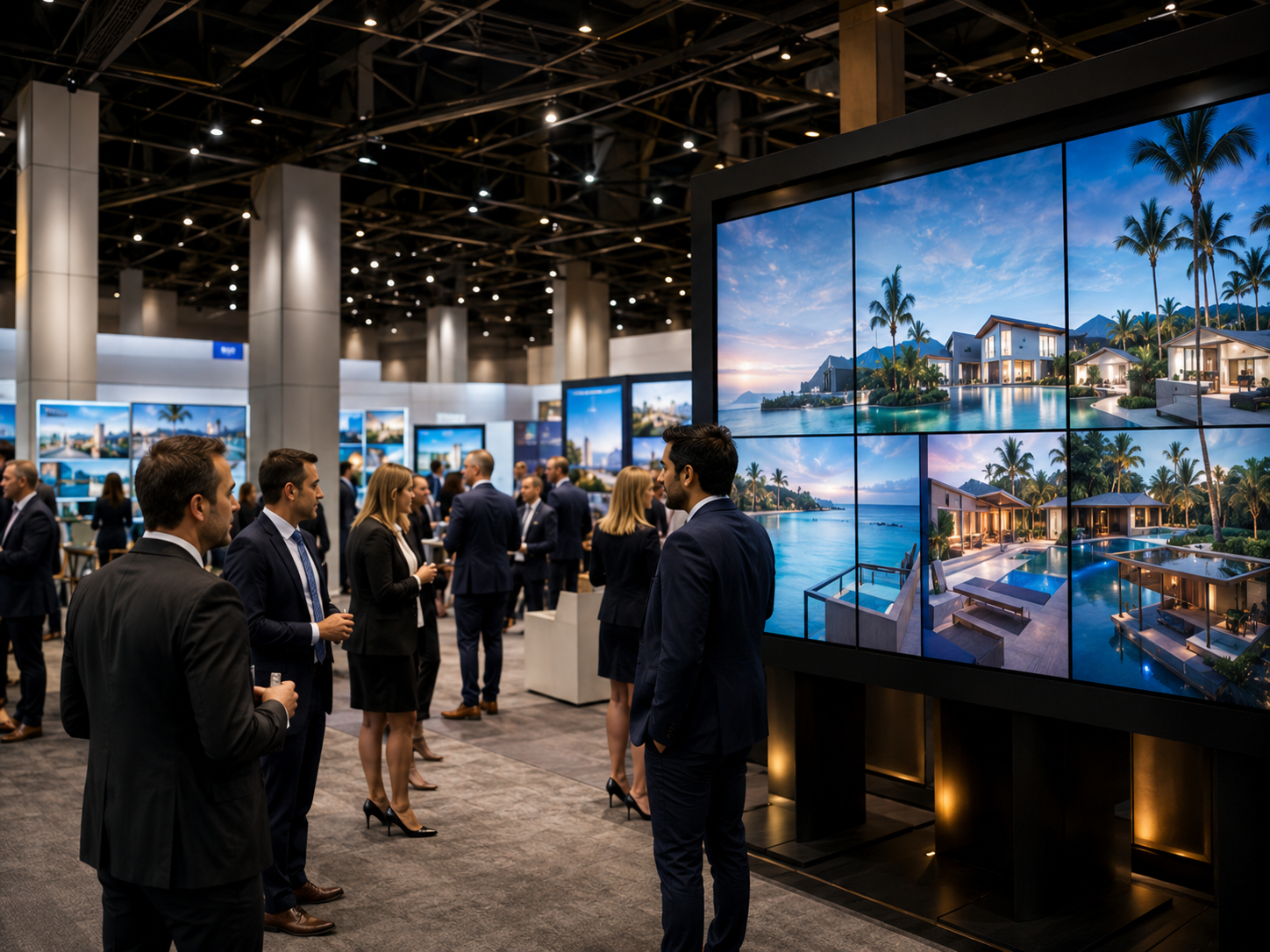 Corporate travel professionals viewing premium resort accommodations at an industry event